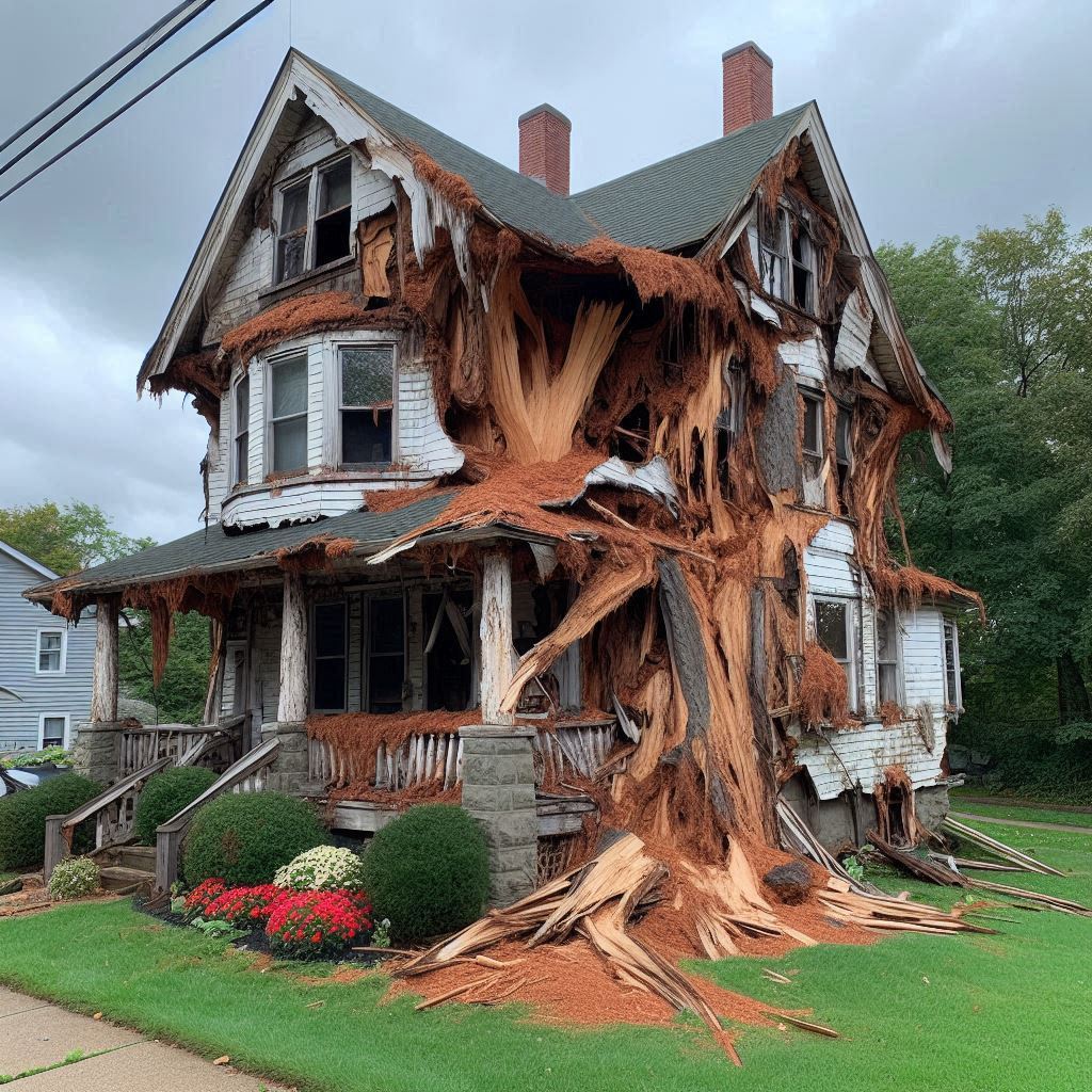 Damaged tree on an Oswego home showing signs of disease and decay